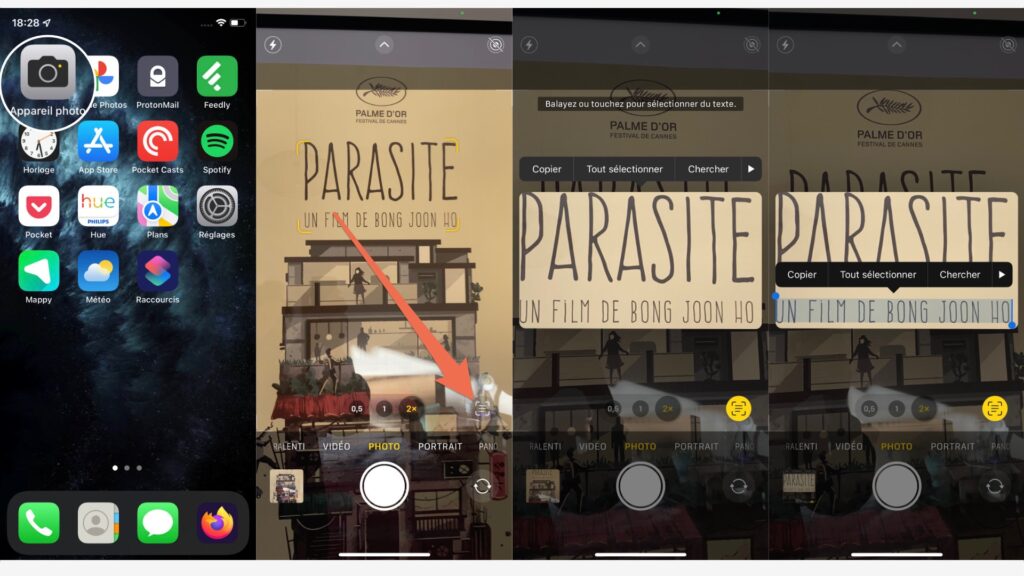 L'iPhone détecte automatiquement le texte de cette (magnifique) affiche du (magnifique) film Parasites // Source : Photo Numerama