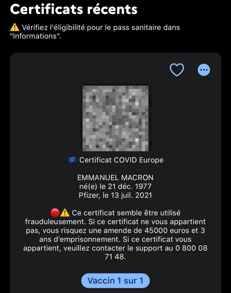 Ce qu'il s'affiche désormais lorsque l'on scanne le QR code du pass sanitaire d'Emmanuel Macron // Source : Capture d'écran Numerama