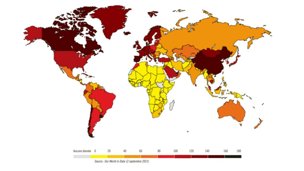 Carte mondiale du taux de vaccination début septembre 2021. // Source : OurWorlInData/Amnesty