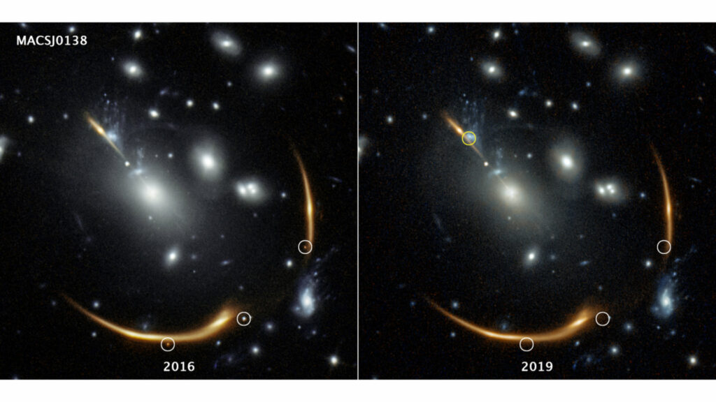 Trois vues de la supernova apparaissent dans l'image de gauche (2016). Elles ne sont plus visibles dans l'image de droite (2019). // Source : IMAGE PROCESSING: Joseph DePasquale (STScI)