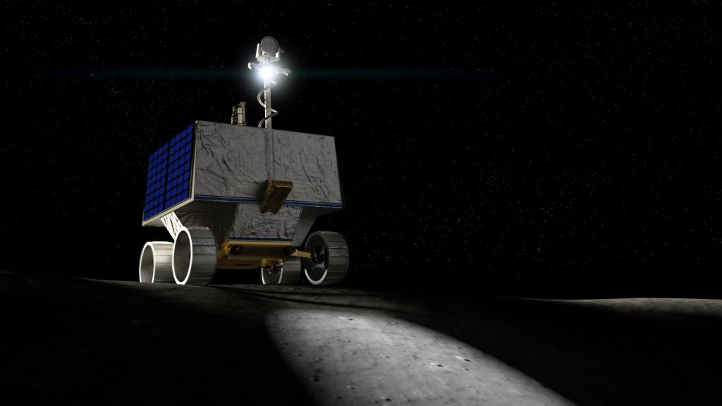 Vue d'artiste de VIPER sur la Lune. // Source : NASA Ames/Daniel Rutter (image recadrée)