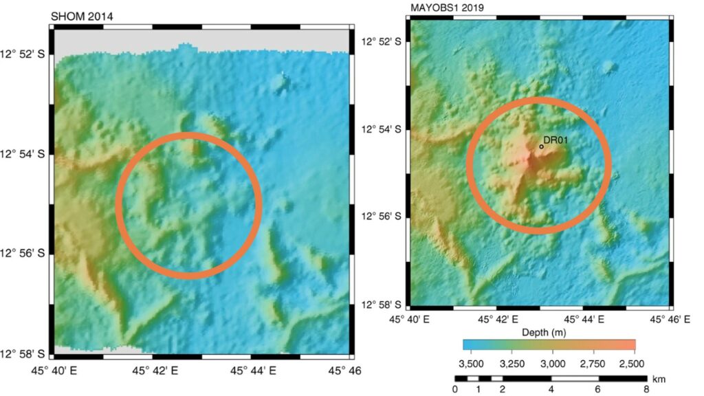 Avant (2014) à gauche, puis après (2019) à droite. On voit clairement la surélévation que forme le nouveau volcan. // Source : Feuillet et al., Nature Geoscience, 2021