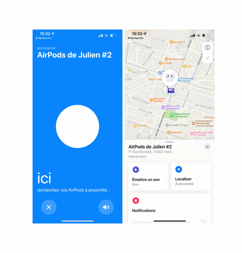 Les AirPods 3 dans Localiser // Source : Capture d'écran Numerama