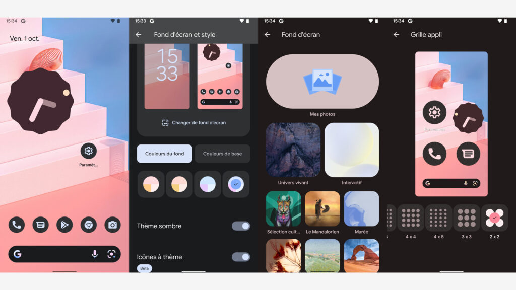 Les différentes options offertes par le nouveau outils thèmes d'Android 12 // Source : Capture d'écran Les différentes options offertes par le nouveau outils thèmes d'Android 12 // Source : Capture d'écran