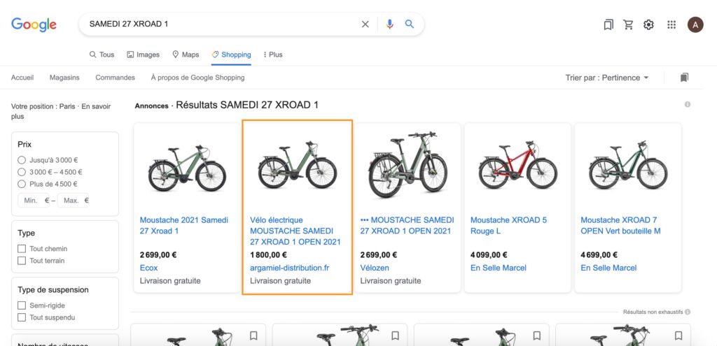 Argamiel Distribution apparaissait en très bonne position sur Google Shopping // Source : Capture d'écran Numerama 