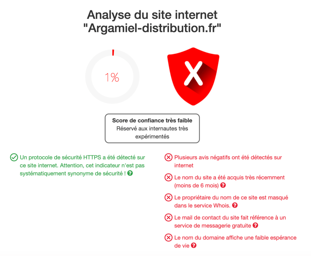 La note de confiance accordée au site est très basse // Source : Capture d'écran Numerama / Scamdoc