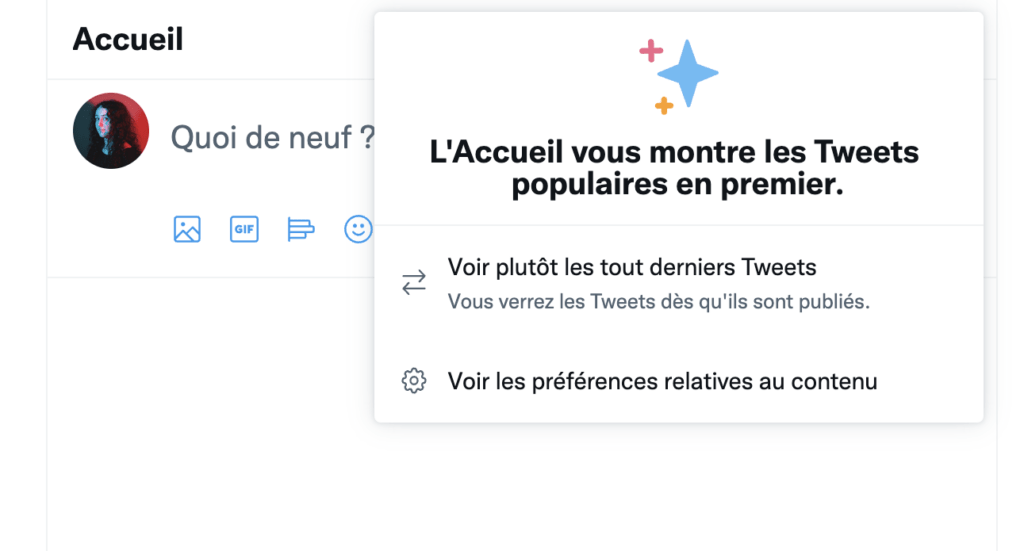 Le bouton pour repasser son fil Twitter en chronologique-inversé // Source : Capture Numerama Le bouton pour repasser son fil Twitter en chronologique-inversé // Source : Capture Numerama