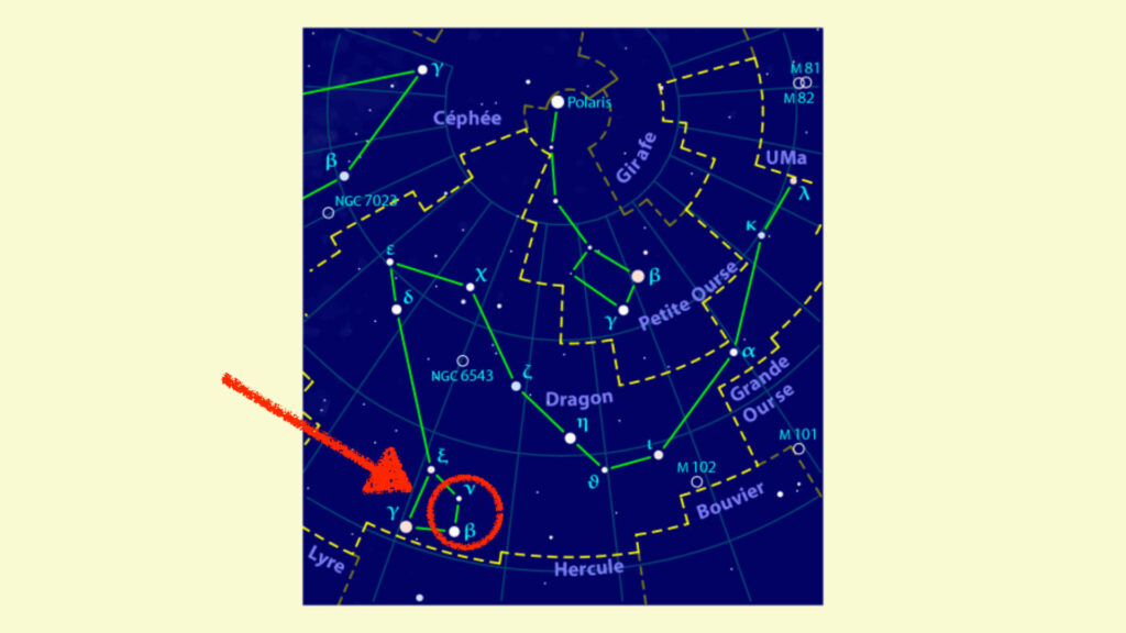 L'essaim semble émerger de la tête du Dragon. On trouve aisément cette constellation en dessous de la Grande Ourse. // Source : Wikimedia/CC/Orthogaffe, montage Numerama