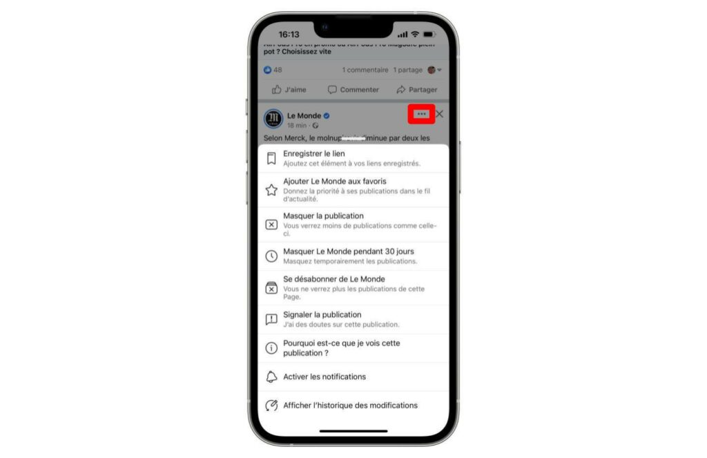Voici les options qui se cachent derrière l'icône des trois points d'une publication Facebook