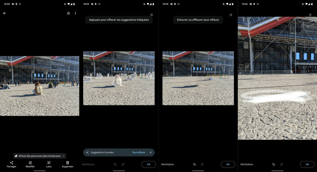On peut voir que le tlépéhone efface toutes les personnes présentes sur la photo pour créer une photo type « paysage ». Seuls les ombres sont encore visibles // Source : Capture d'écran Numerama