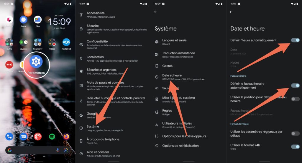 La marche à suivre pour changer automatiquement d'heure sur Android // Source : Capture Numerama