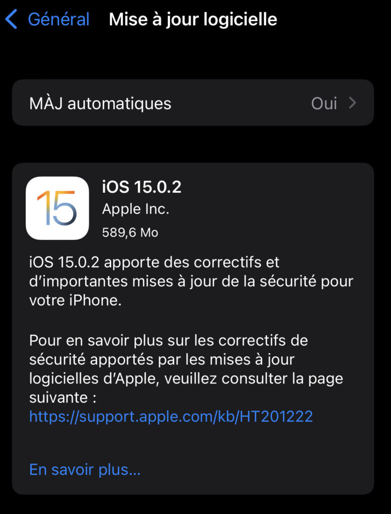 La mise à jour logicielle 15.0.2 sur iPhone 13