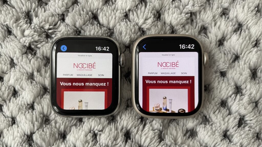 Mails sur Apple Watch Series 6 (gauche) versus Mails sur Apple Watch Series 7 (droite) // Source : Maxime Claudel pour Numerama