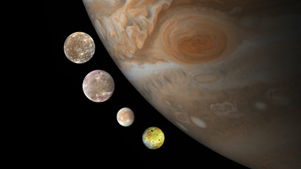 Jupiter et ses lunes Io, Europe, Ganymède et Callisto. // Source : Flickr/CC/Kevin Gill