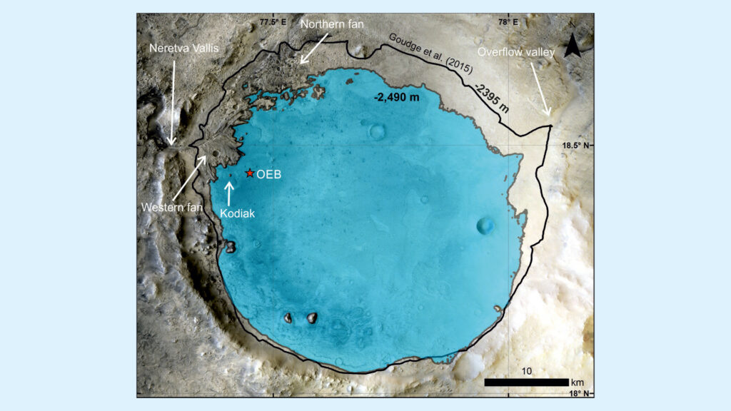 Le niveau estimé du lac, 100 mètres plus bas que prévu. // Source : NASA/JPL-Caltech/MSSS/LPG Le niveau estimé du lac, 100 mètres plus bas que prévu. // Source : NASA/JPL-Caltech/MSSS/LPG