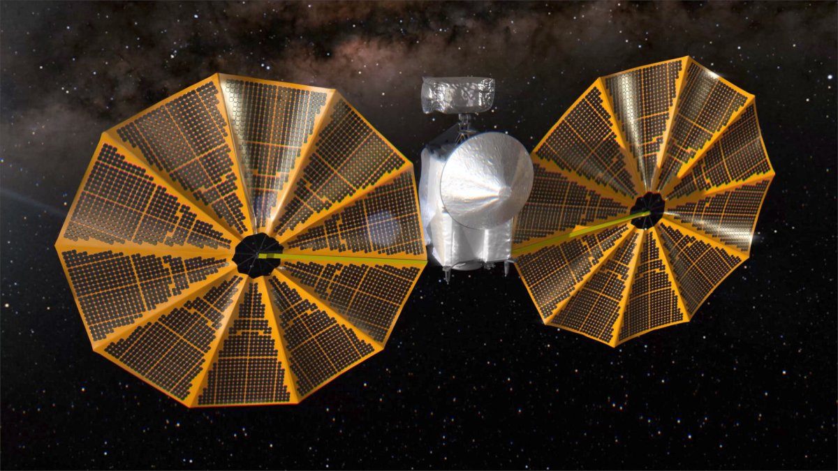 Vue d'artiste de Lucy avec ses panneaux solaires déployés. // Source : NASA's Goddard Space Flight Center Conceptual Image Lab