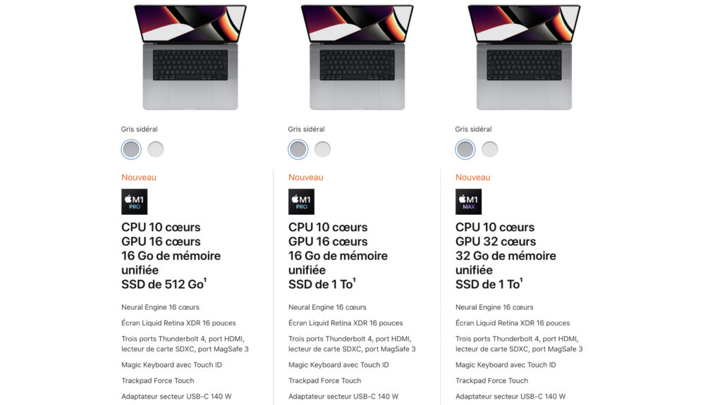 Quelques une des configurations du MacBook 16 pouces // Source : Capture d'écran