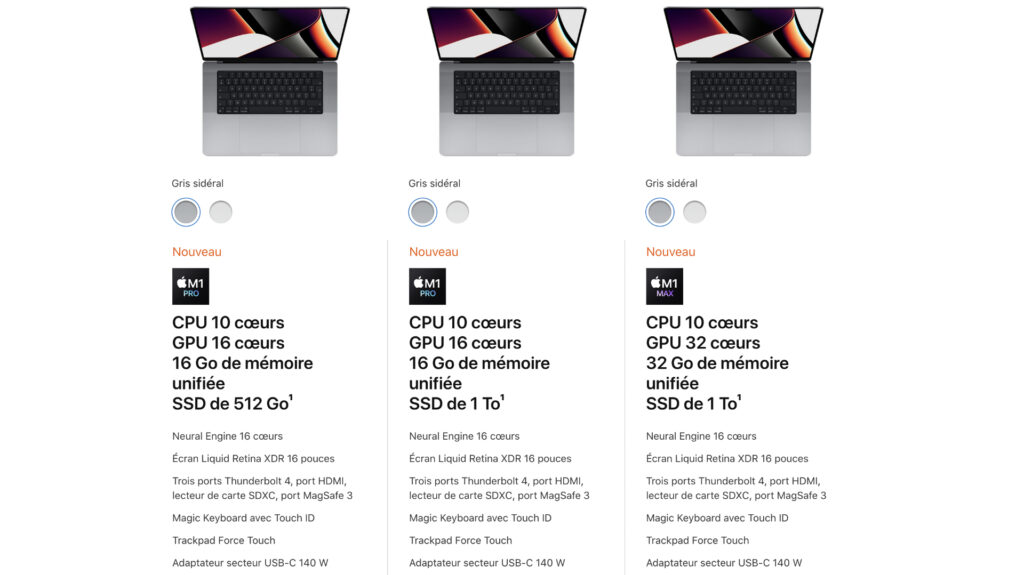 Quelques une des configurations du MacBook 16 pouces // Source : Capture d'écran Quelques une des configurations du MacBook 16 pouces // Source : Capture d'écran