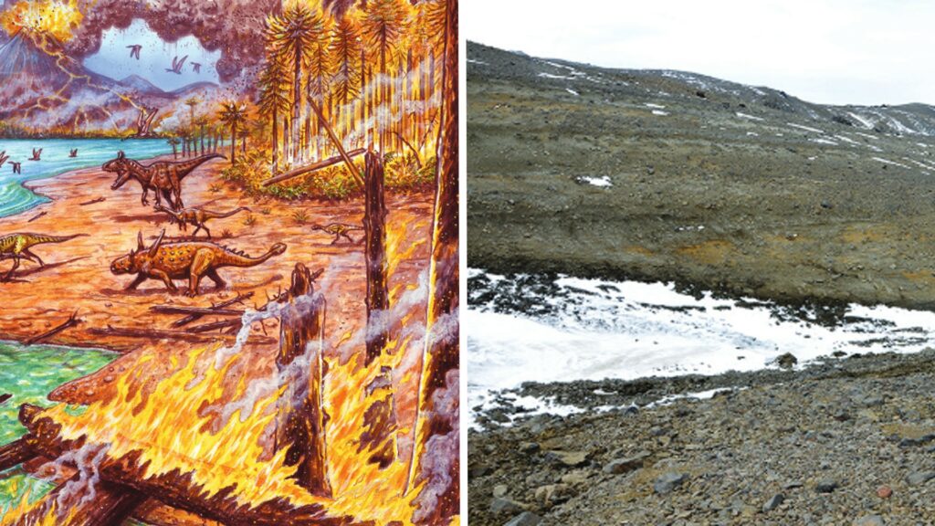 À gauche, représentation artistique des incendies en Antarctique, il y a 75 millions d'années au Crétacé. À droite, photo actuelle de l'île James Ross où ces paléo-feux ont eu lieu au Crétacé. // Source : Maurilio Oliveira/PolarResearch, 2021