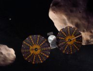 Vue d'artiste de la mission Lucy explorant les astéroïdes troyens. // Source : NASA's Goddard Space Flight Center