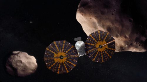 Vue d'artiste de la mission Lucy explorant les astéroïdes troyens. // Source : NASA's Goddard Space Flight Center