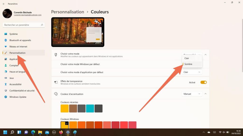 La marche à suivre pour activer le mode sombre sur Windows 11 // Source : Capture d'écran La marche à suivre pour activer le mode sombre sur Windows 11 // Source : Capture d'écran
