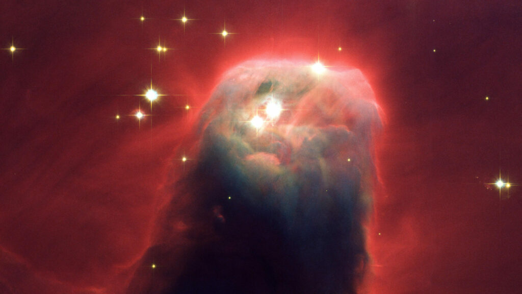 La Nébuleuse du Cône vue par Hubble. // Source : NASA, H. Ford (JHU), G. Illingworth (UCSC/LO), M. Clampin (STScI), G. Hartig (STScI), the ACS Science Team, and ESA; The ACS Science Team: H. Ford, G. Illingworth, M. Clampin, G. Hartig, T. Allen, K. Anderson, F. Bartko, N. Benitez, J. Blakeslee, R. Bouwens, T. Broadhurst, R. Brown, C. Burrows, D. Campbell, E. Cheng, N. Cross, P. Feldman, M. Franx, D. Golimowski, C. Gronwall, R. Kimble, J. Krist, M. Lesser, D. Magee, A. Martel, W. J. McCann, G. Meurer, G. Miley, M. Postman, P. Rosati, M. Sirianni, W. Sparks, P. Sullivan, H. Tran, Z. Tsvetanov, R. White, and R. Woodruff (image recadrée)