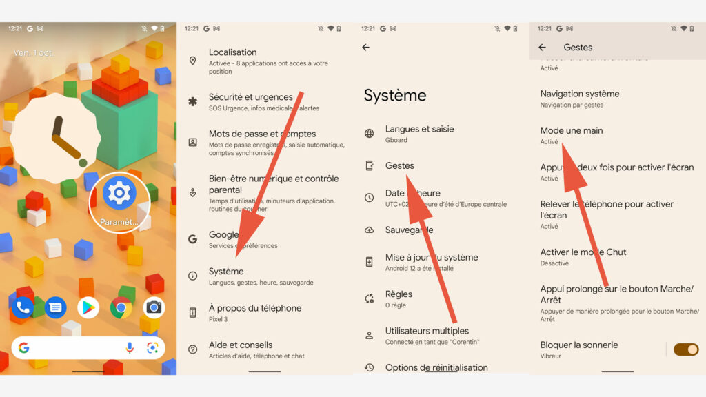 La marche à suivre pour activer le mode une main sur Android 12 // Source : Capture d'écran