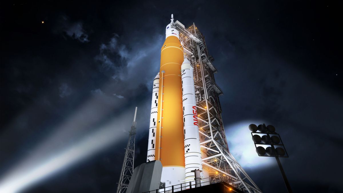 Vue d'artiste de la configuration du Block 1 de la fusée Space Launch System (SLS) // Source : NASA/MSFC