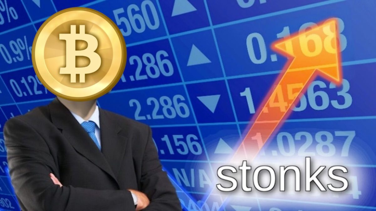 Un mème stonks mêlé à une représentation du bitcoin // Source : Montage Numerama