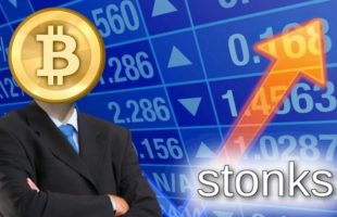 Un mème stonks mêlé à une représentation du bitcoin // Source : Montage Numerama