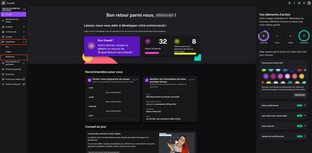 Twitch tableau de bord des créateurs