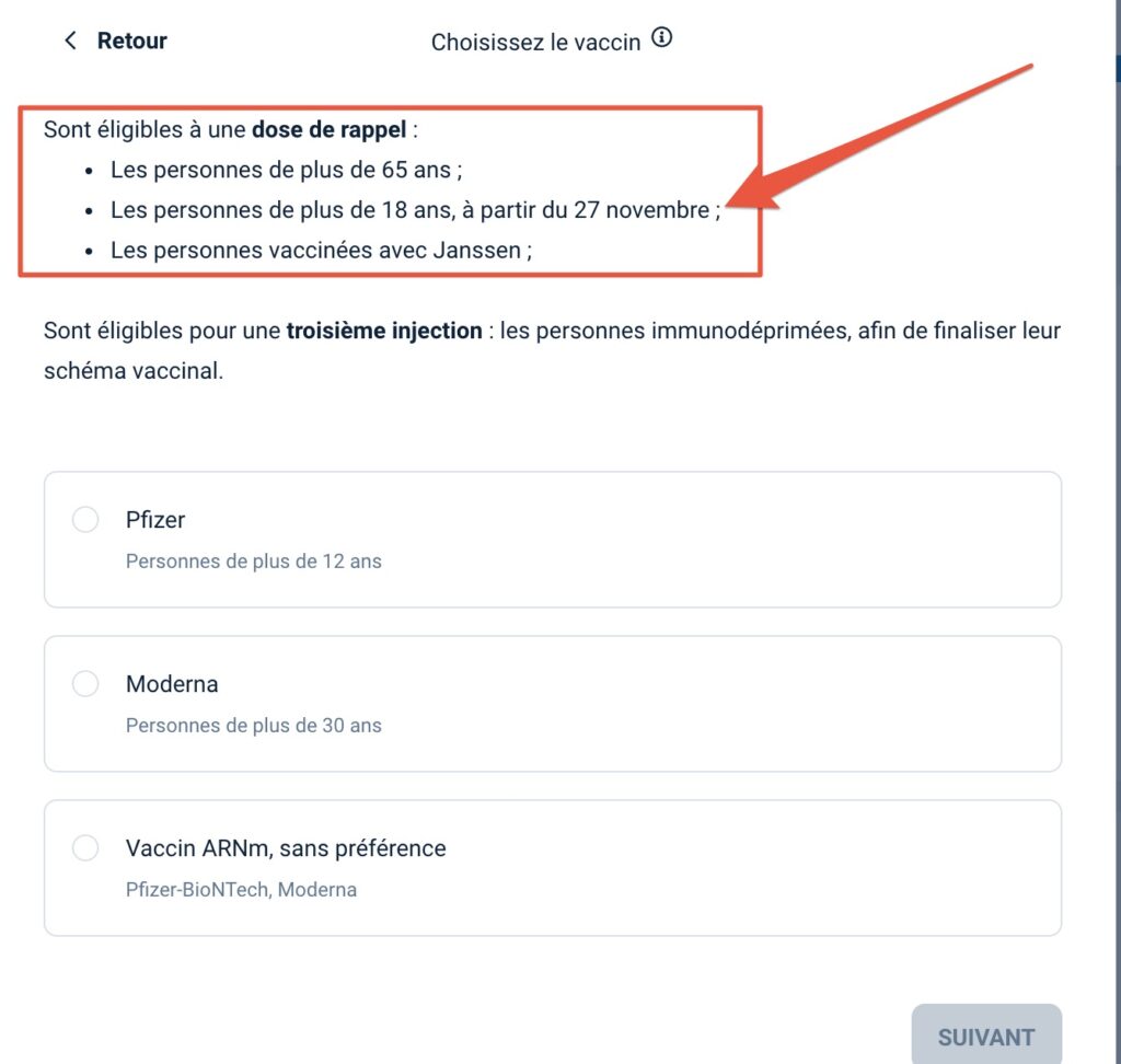 La vaccination avec dose de rappel ouverte aux plus de 18 ans dès le 27 novembre 2021 ? // Source : Capture d'écran Doctolib/Numerama