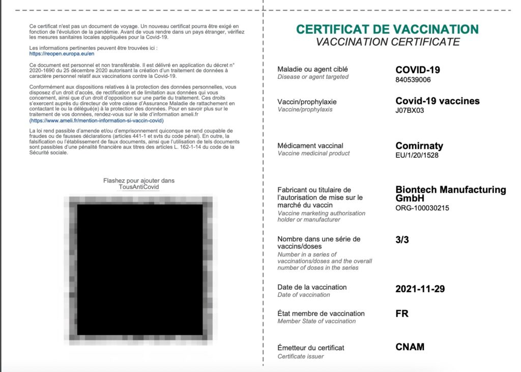 Un certificat de vaccination de 3e dose // Source : Capture Numerama