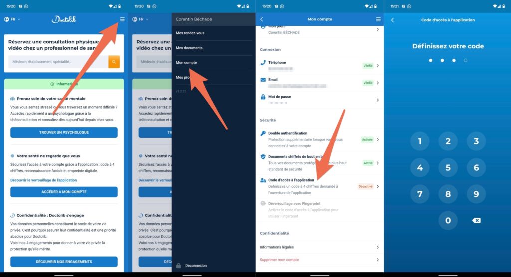 La marche à suivre pour verrouiller son app Doctolib sur Android // Source : Capture d'écran Numerama La marche à suivre pour verrouiller son app Doctolib sur Android // Source : Capture d'écran Numerama