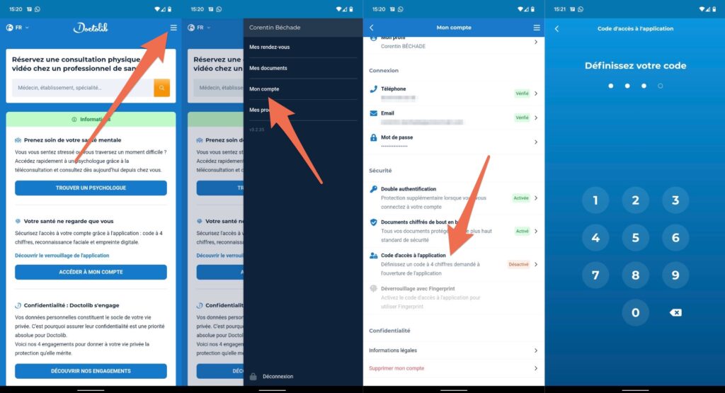 La marche à suivre pour verrouiller son app Doctolib sur Android // Source : Capture d'écran Numerama