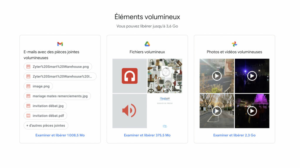 Le gestionnaire de Google vous permet de savoir ou se situe vos plus gros fichiers // Source : Capture d'écran Numerama