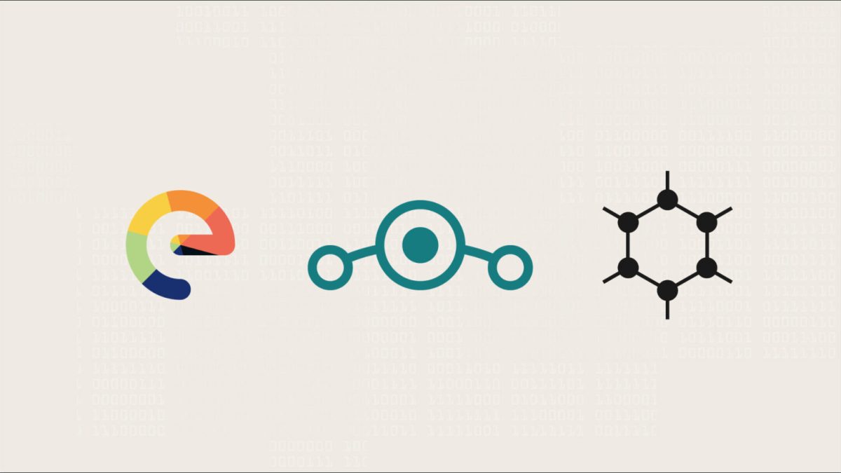 /e/, Lineage, Graphene OS (logos). // Source : Fond : Nino Barbey pour Numerama ; Wikimedia/CC/Gaël Duval ; Lineage ; Wikimedia/CC/Daniel Micay ; montage Numerama