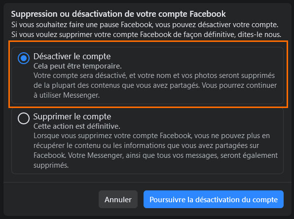 Facebook désactivation
