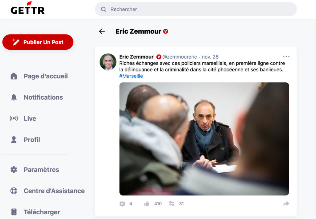Le compte Gettr d'Éric Zemmour // Source : Gettr Le compte Gettr d'Éric Zemmour // Source : Gettr