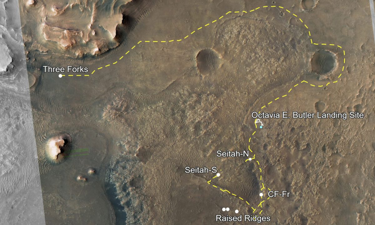 Itinéraire de Perseverance sur Mars. Ingenuity devra suivre le rover jusqu'au delta // Source : Nasa