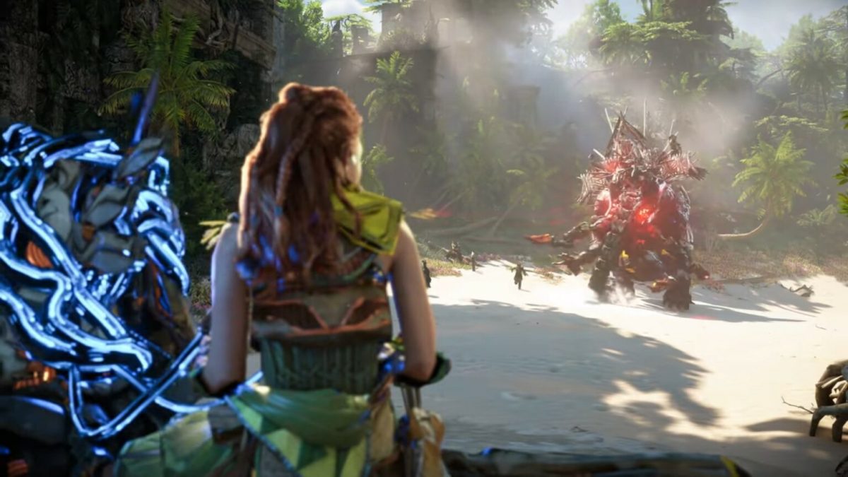 Horizon 2. Aloy face à un mammouth mécanique, le Tremortusk. // Source : Guerrilla Games