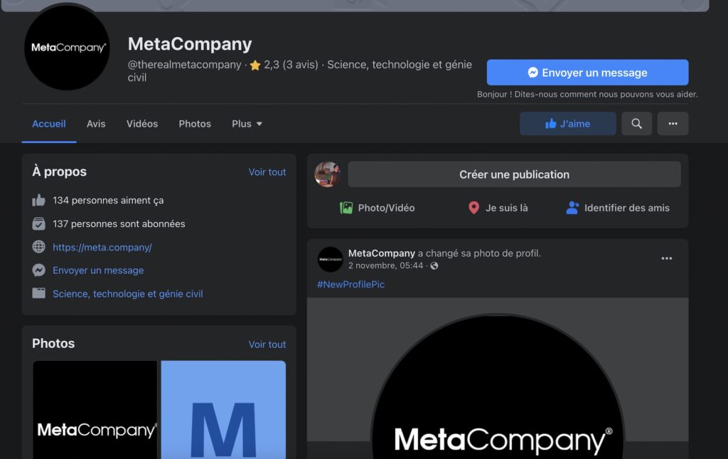 La nouvelle page Facebook de Meta Company a été créée début novembre 2021 // Source : Capture d'écran