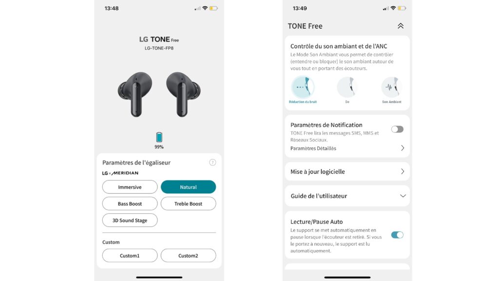 L'application des écouteurs LG Tone Free FP8 // Source : Maxime Claudel pour Numerama L'application des écouteurs LG Tone Free FP8 // Source : Maxime Claudel pour Numerama