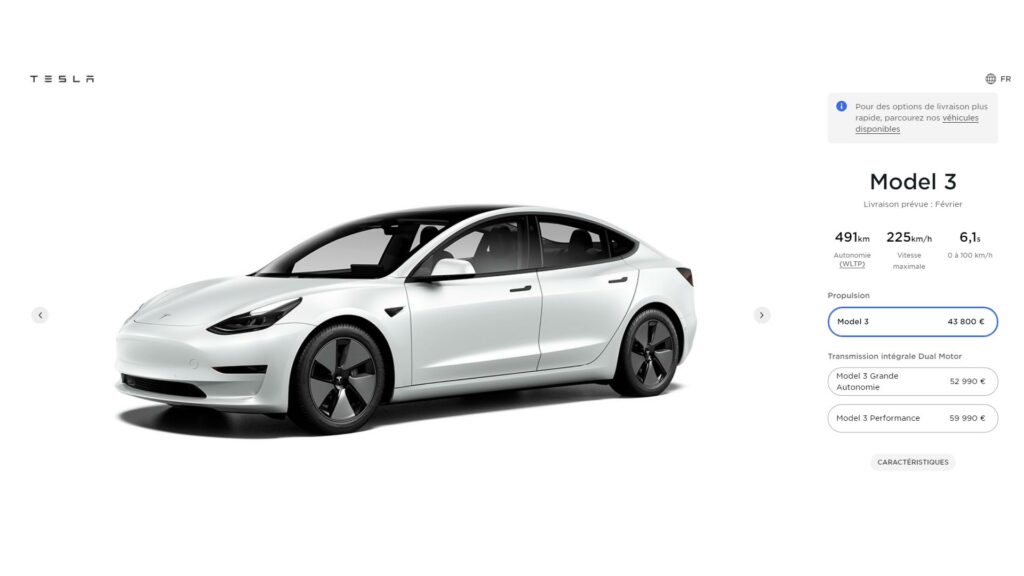 Configurateur Tesla pour la model 3 (nouvelle batterie) // Source : site internet tesla.com