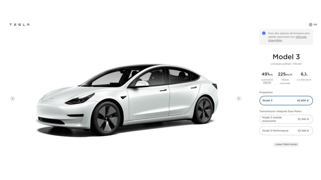 Configurateur Tesla pour la model 3 (nouvelle batterie) // Source : site internet tesla.com Configurateur Tesla pour la model 3 (nouvelle batterie) // Source : site internet tesla.com