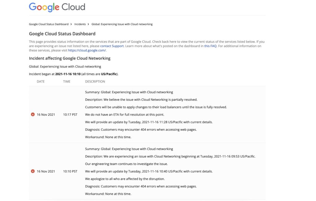 Le status Google Cloud Networking ce 16 novembre 2021 // Source : Google
