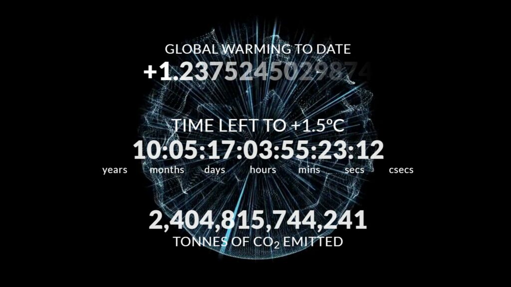 À l'heure actuelle, l'horloge climatique nous laisse 10 ans avant d'atteindre 1,5 degré de réchauffement. // Source : climateclock.net