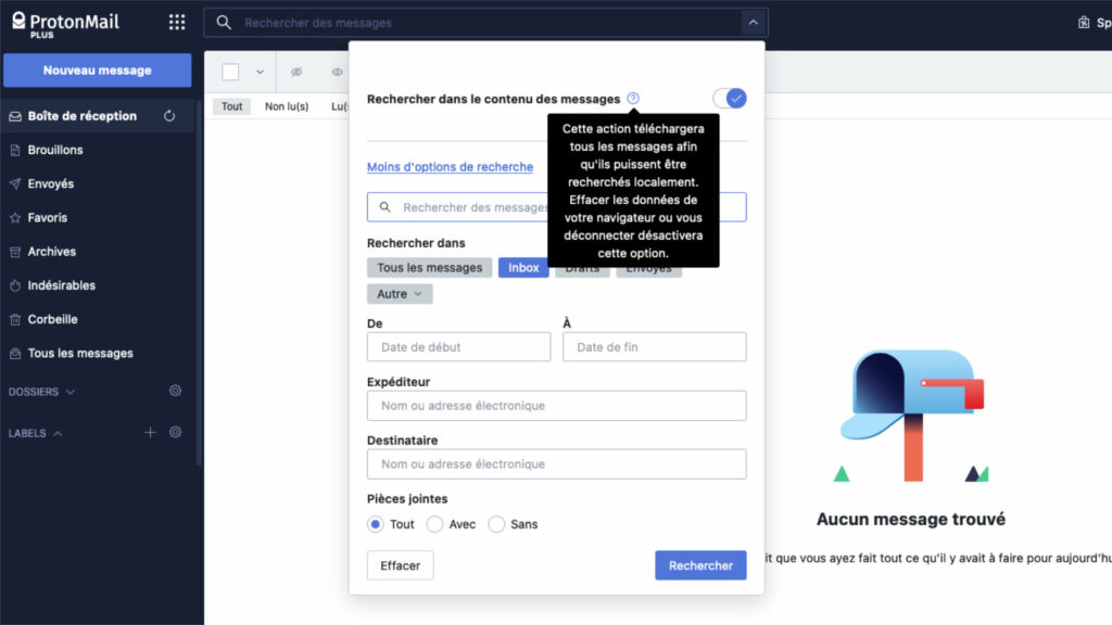 Des options comme la recherche universelle peuvent mettre plus longtemps à arriver sur Proton que sur Gmail // Source : Capture d'écran