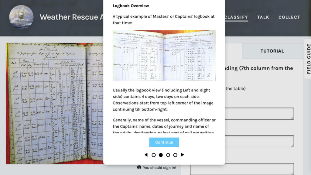 Un tutoriel vous guide pour repérer les données à enregistrer. // Source : Weather Rescue at Sea